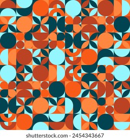 Geometric trendy pattern. Modern colorful background with simple elements. Retro texture with basic geometric shapes. Print design, minimalist poster cover. Vector illustration
