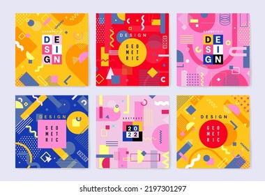 Geometric trendy posters set. Pattern design with different forms and shapes, dots and lines elements, memphis graphic cards. Abstract modern backgrounds, various colors. Vector collection