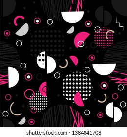 Geometric, trendy seamless pattern with magenta and white shapes on a black background. Vector design for fashionable fabric, textiles and print.