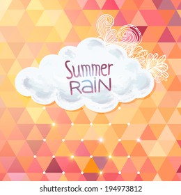 Geometric triangle background with watercolor cloud and doodles. Summer rain image.