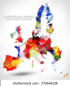 GEOMETRIC TRIANGLE DESIGN MAP OF THE EUROPEAN UNION. THE MAP PAINTED INTO COUNTRIES FLAGS COLORS.
