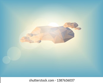 Geometric and triangle design shaped clouds with sunny background and blue sky.  Nature template concept, low poly modern diamond style vector art illustration. 