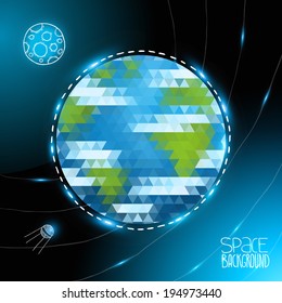Geometric triangle Earth globe and doodle moon in space background.