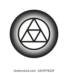 Geometric triangle emblem inside circle. Monochrome mystical symbol design. Ideal for logo or esoteric concepts. Vector illustration. EPS 10.