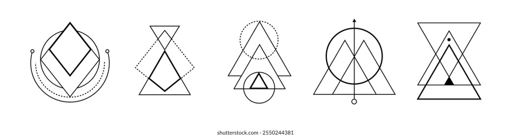 Triângulo geométrico com símbolos esotéricos, incluindo formas de pentagrama e mandala, ideal para decorações com temas espirituais e ocultos.