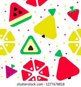geometric triangle fruits seamless pattern with watermelon, raspberry, pear, avocado, grapefruit, lemon, strawberry and apple