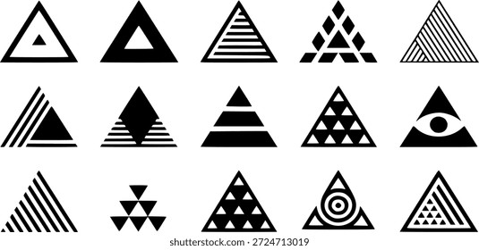 Geometric triangle icon set, black minimalist pyramid symbols, abstract linear and patterned triangular shapes, decorative eye and tribal alchemy elements, vector graphic icons isolated on white
