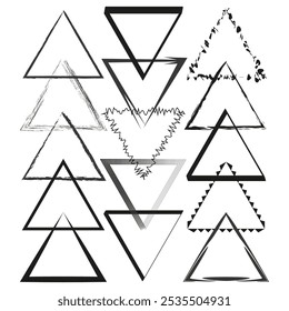 Geometric triangle icons. Abstract triangle shapes. Distressed triangle frames. Black outlined vectors.