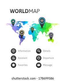 Geometric triangle infographic, world map of rainbow color, isolated on white vector background