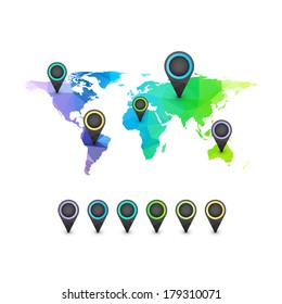 Geometric triangle infographic, world map of rainbow color, isolated on white vector background