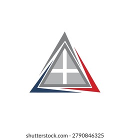 Geometric triangle insignia with a central cross and layered outline, finished in crisp vector lines. Energetic red, blue, and gray palette suits branding for faith, sports, and event design.