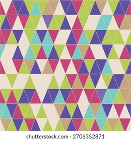 Geometric triangle mosaic, vibrant abstract pattern, colorful polygon grid, modern seamless shapes, retro inspired tessellation art vector illustration