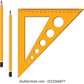 Geometric triangle in orange for drawing geometric shapes with a set of circles of different sizes. With two pencils
