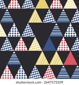 Padrão de triângulo geométrico com pontos polka divertidos e listras em cores primárias. Ideal para têxteis, papel de parede, caixa de telefone e design gráfico moderno.