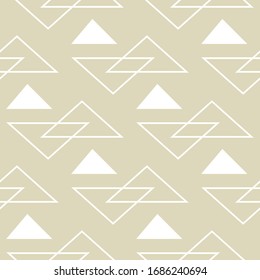 Geometric triangle print. White seamless pattern on olive green background. Vector illustration