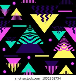 Geometric triangle seamless. Memphis art trendy colorful unique pattern.