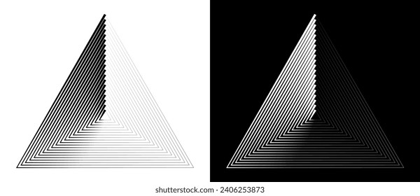 Geometric triangle shape with lines as modern design element, logo or icon. Black shape on a white background and the same white shape on the black side.