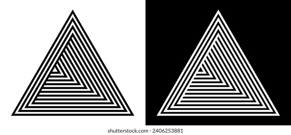 Geometric triangle shape with lines as modern design element, logo or icon. Black shape on a white background and the same white shape on the black side.