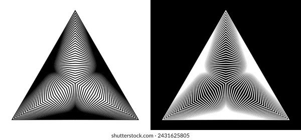 Geometric triangle shape with lines as modern design element, logo or icon. Black shape on a white background and the same white shape on the black side.