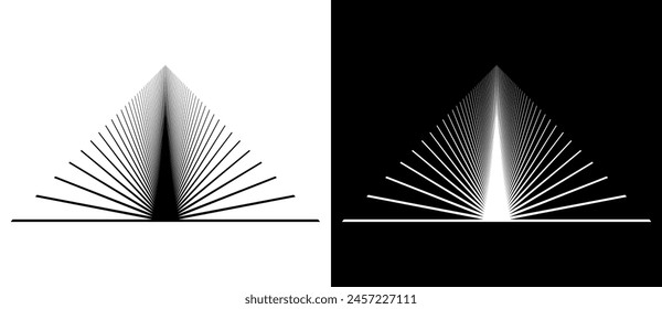 Geometric triangle shape with lines as modern design element, logo or icon. Black shape on a white background and the same white shape on the black side.