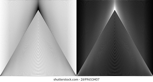 Forma de triângulo geométrico com linhas como elemento de design moderno, logotipo ou ícone. Forma preta em um plano de fundo branco e a mesma forma branca no lado preto.