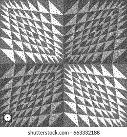 Geometric triangles background. Mosaic. Black and white grainy dotwork design. Pointillism pattern. Stippled vector illustration.