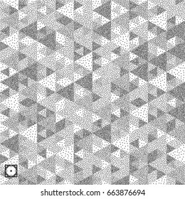 Geometric triangles background. Mosaic. Black and white grainy dotwork design. Pointillism pattern. Stippled vector illustration.