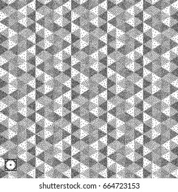 Geometric triangles background. Mosaic. Black and white grainy dotwork design. Pointillism pattern. Stippled vector illustration.