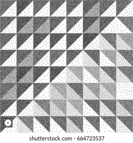 Geometric triangles background. Mosaic. Black and white grainy dotwork design. Pointillism pattern. Stippled vector illustration.
