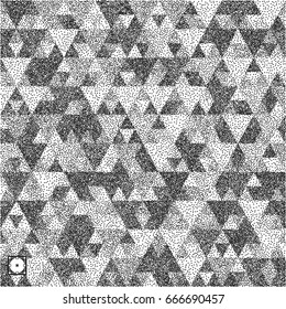 Geometric triangles background. Mosaic. Black and white grainy dotwork design. Pointillism pattern. Stippled vector illustration.