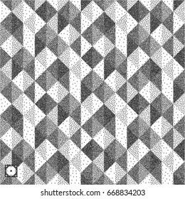 Geometric triangles background. Mosaic. Black and white grainy design. Stippling effect. Vector illustration. Pointillism pattern. 