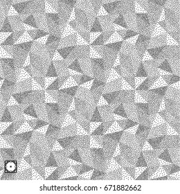 Geometric triangles background. Mosaic. Black and white grainy dotwork design. Pointillism pattern. Stippled vector illustration.