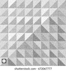 Geometric triangles background. Mosaic. Black and white grainy dotwork design. Pointillism pattern. Stippled vector illustration.