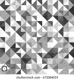 Geometric triangles background. Mosaic. Black and white grainy dotwork design. Pointillism pattern. Stippled vector illustration.