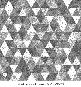 Geometric triangles background. Mosaic. Black and white grainy design. Pointillism pattern. Stippling effect. Vector illustration.