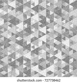 Geometric triangles background. Mosaic. Black and white grainy design. Pointillism pattern. Stippled vector illustration.
