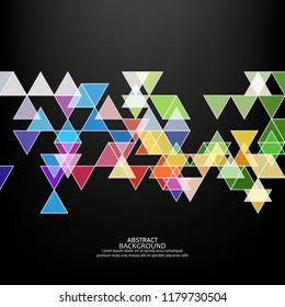 Geometric triangles, black background multicolored images of a triangle. Element of design.