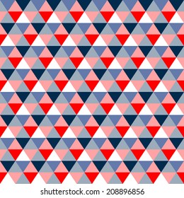 Geometric triangles seamless pattern in blue red and white, vector