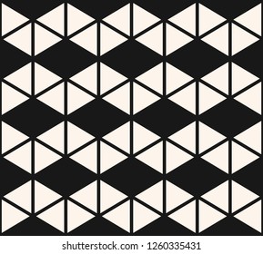 Geometric triangles seamless pattern. Vector black and white abstract texture with triangular shapes, grid, net, rhombuses. Simple monochrome graphic background. Stylish modern repeatable design