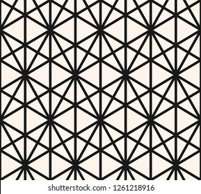 Geometric triangles seamless pattern. Vector abstract black and white graphic texture. Simple repeat monochrome background with triangular grid, hexagons, rhombuses, net, mesh. Modern sacred geometry