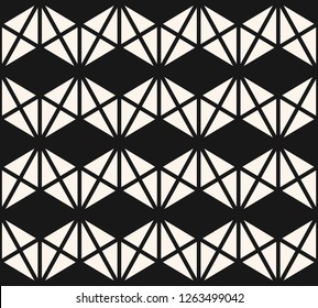 Geometric triangles seamless pattern. Vector black and white abstract texture with triangular shapes, zigzag lines, grid, net, rhombuses. Simple monochrome graphic background. Modern repeated design