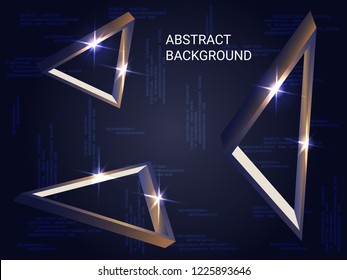 Geometric triangles sparkle on the background. Modern geometric background. Abstract composition. 3D vector illustration . Bronze  three-dimensional  geometric triangle in space.