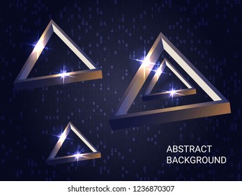 Geometric triangles sparkle on the background. 3D vector illustration . Minimal geometric background. Abstract composition. Bronze  three-dimensional  geometric triangle in space.