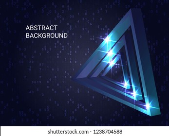 Geometric triangles sparkle on the background. Creative geometric background. Abstract composition. 3D vector illustration . Blue  three-dimensional  geometric triangle in space.
