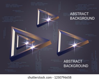 Geometric triangles sparkle on the background. 3D vector illustration . Creative geometric background. Abstract composition. Bronze  three-dimensional  geometric triangle in space.