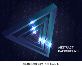 Geometric triangles sparkle on the background. 3D vector illustration . Modern geometric background. Abstract composition. Blue  three-dimensional  geometric triangle in space.