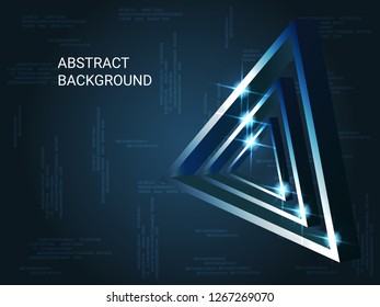 Geometric triangles sparkle on the background. 3D vector illustration . Minimal geometric background. Abstract composition. Blue  three-dimensional  geometric triangle in space.