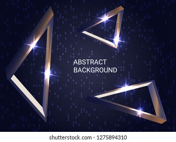 Geometric triangles sparkle on the background. Minimal geometric background. Abstract composition. 3D vector illustration . Bronze  three-dimensional  geometric triangle in space.