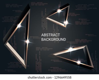 Geometric triangles sparkle on the background. Minimal geometric background. Abstract composition. 3D vector illustration . Bronze  three-dimensional  geometric triangle in space.