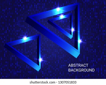 Geometric triangles sparkle on the background. 3D vector illustration . Futuristic geometric background. Abstract composition. Blue  three-dimensional  geometric triangle in space.